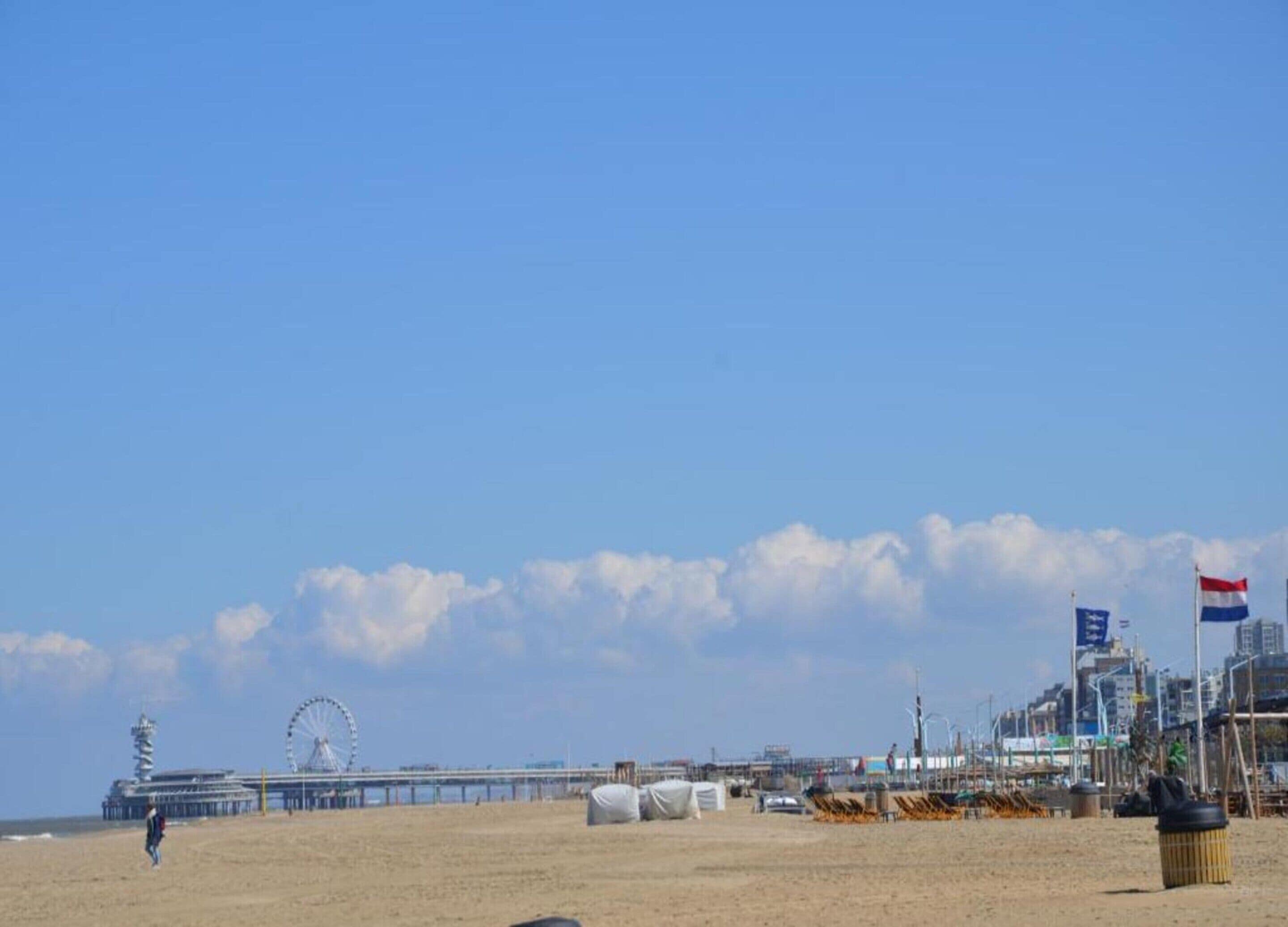 A beach with a pier, a Ferris wheel, and a flag.