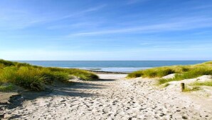 A sandy beach path leading to the ocean with grassy dunes on either side.
