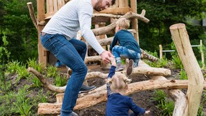 A wooden play structure in a garden with a man and two children interacting with it. - Modern Villa Near Veluwe (Hoenderloo)