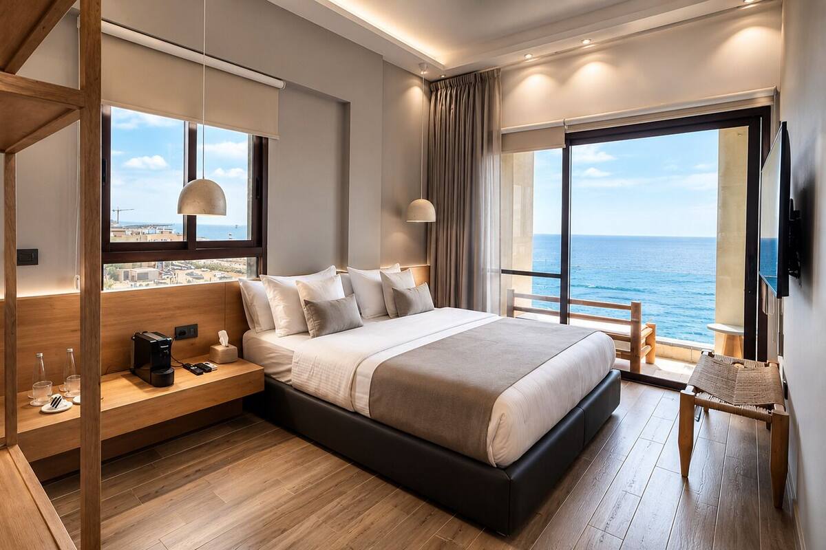 A modern bedroom with a large bed, bedside tables, a view of the sea, and a balcony.