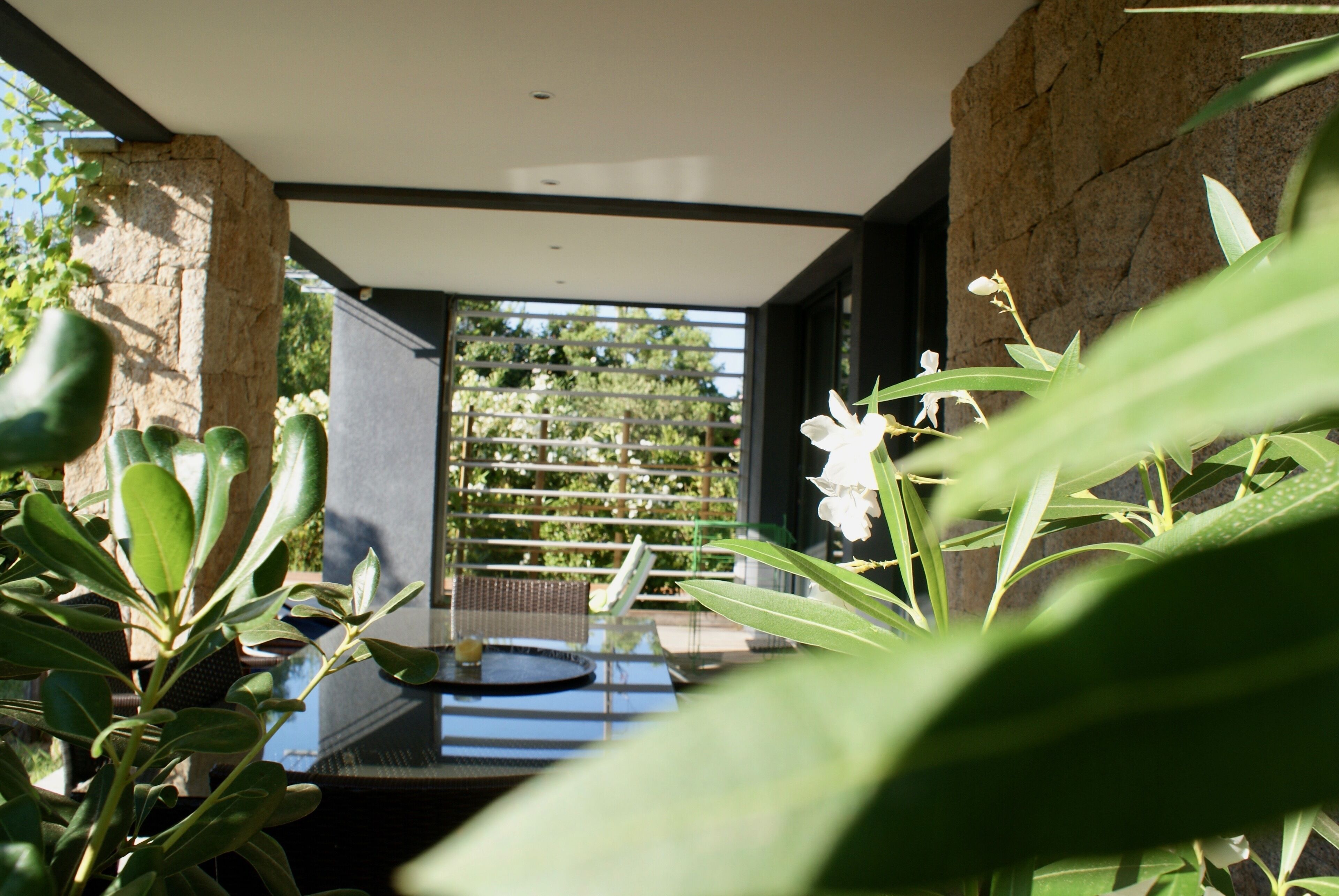 A modern interior with a glass table, stone walls, and a view of greenery outside.