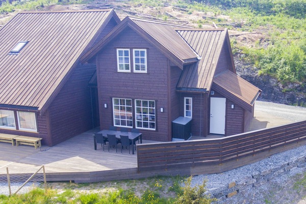 The front of the cabin, with surrounding terrace