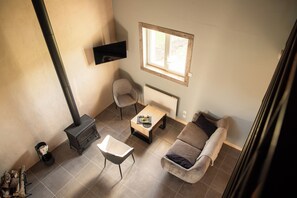 Smart TV, chimenea y libros