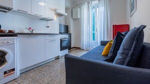 Ein kompakter Wohnraum mit Küchenzeile, Waschmaschine, einer Couch mit Kissen und einem fenster mit Vorhängen.