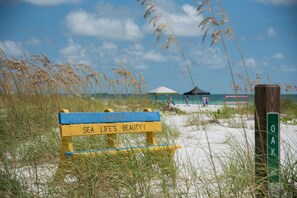 A beach scene with a wooden bench labeled "SEA LIFE'S BEAUTY!" and a sign indicating "OAK". - Anna Maria Beach Cottage 110  Traditional beach cottage, moments from the sand! (Anna Maria)