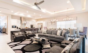 Flat-screen TV, video-game console, foosball, offices