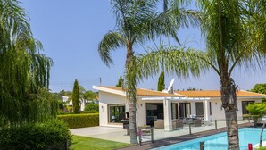 A modern house with a swimming pool, surrounded by lush greenery and palm trees. - At Last You can Rent the Perfect Luxury Villa in Protaras Close to all the Action, Protaras Villa 1569 (Paralimni)