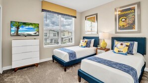 A hotel room with two beds, a TV, a dresser, and a window with blinds. - Luxury 5 Star Villa on Storey Lake Resort,minutes From Disney World, Orlando Villa 3654 (Kissimmee)