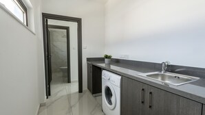 A modern kitchen with a built-in washing machine, a sink, and a small potted plant. - Luxury Modern 3 Bed Villas Near the Beach, Protaras Villa 1077 (Paralimni)