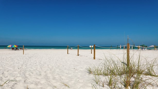 A beach with white sand, clear blue sky, and a few beach umbrellas. - Perfect Apartment on The Anchorage, Siesta Key Apartment 1009 (Siesta Key)
