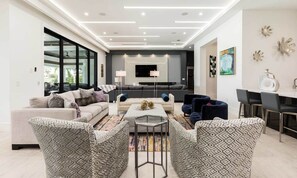 TV, fireplace, video games, stereo
