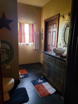 Shower, hair dryer, towels, toilet paper