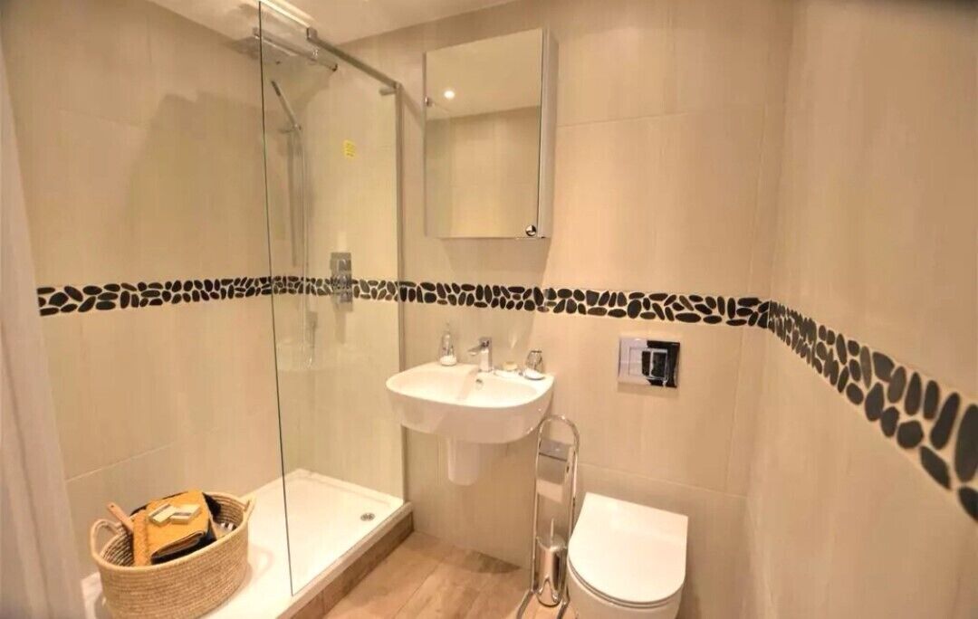 A modern bathroom with a glass shower enclosure, a white sink, and a toilet.