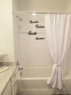 Tina, secadora de cabello, toallas, jabón 