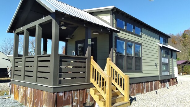 A cabin with a porch, wooden staircase, and a metal roof. - Summer Fun in Blue Ridge☀️Mins from Downtown Activities  (Morganton)
