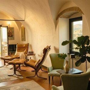 Una Smart TV, una chimenea, libros, una pantalla de ordenador