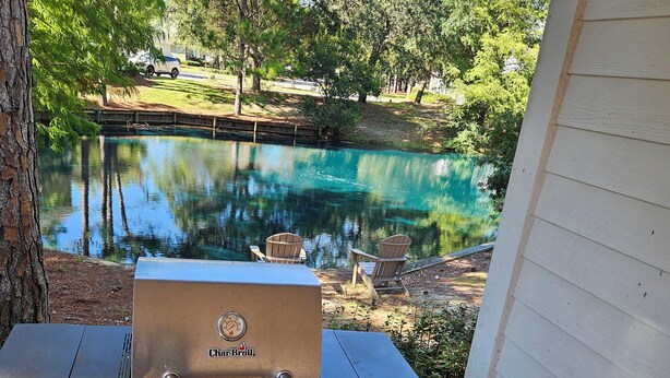 A Char-Bri Grill on a wooden deck with a view of a pond and trees. - Mermaid Manor - with 6-seater Golf Cart! (Miramar Beach)