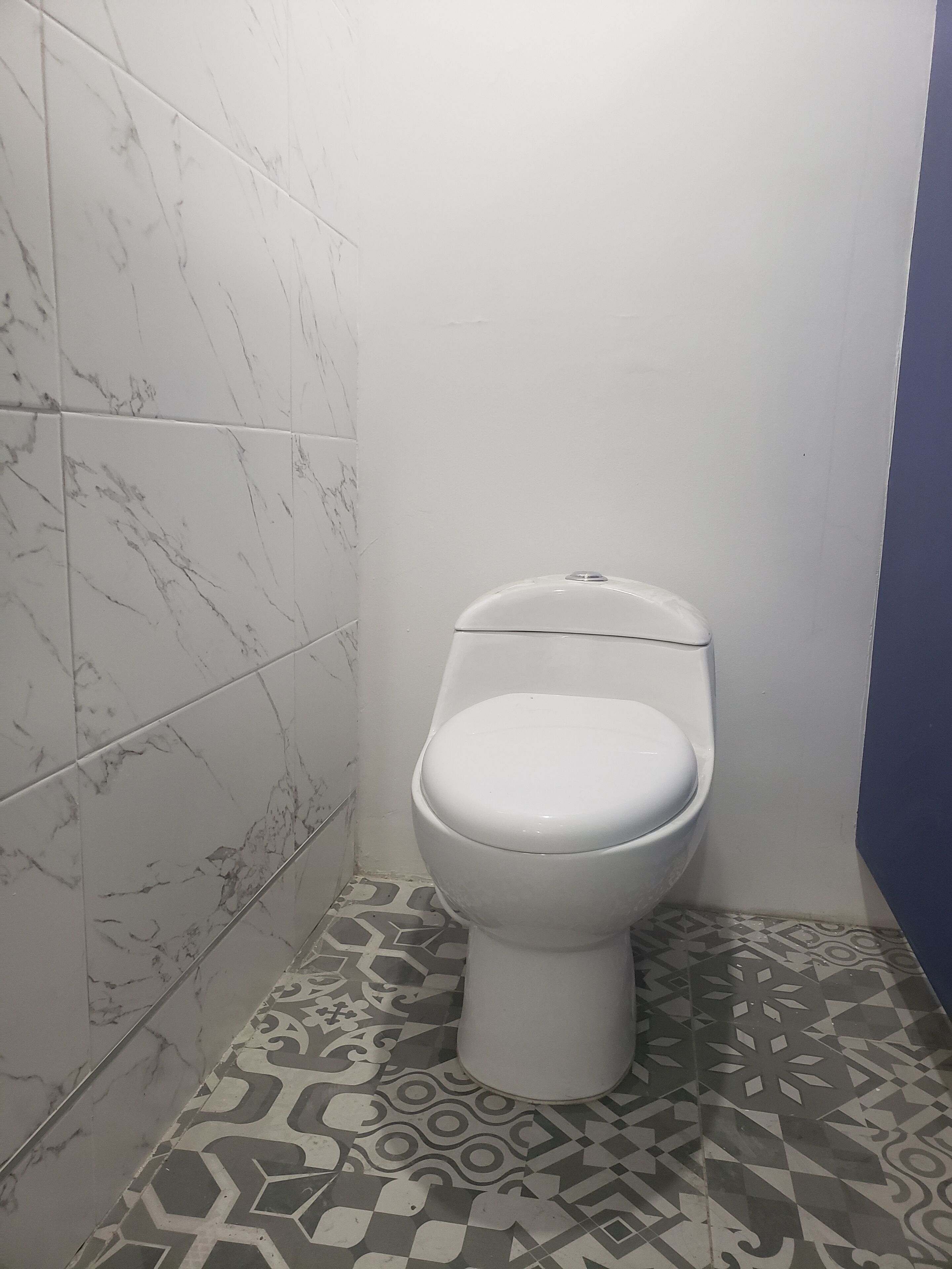 Een badkamer met toilet, vloertegels met een patroon en witte marmeren wanden.