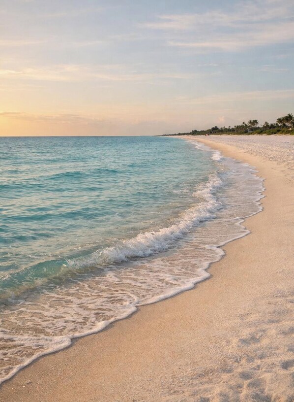 A beach with clear water, a sandy shore, and a distant shoreline with vegetation.