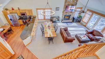 Smart TV, fireplace, foosball, books