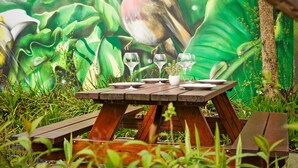 Ein Holztischset für ein Picknick im Freien mit Tellern, Gläsern und einem Blumentopf.