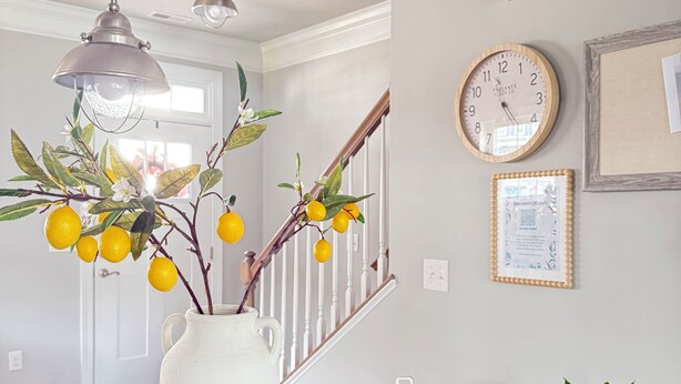 A kitchen with a white vase containing lemons and branches, a hanging light fixture, a clock, and a framed certificate on the wall. - Delaware Dreaming (Selbyville)