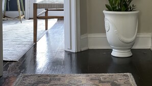 Un pasillo con piso de madera oscura, una planta en maceta blanca, un cuadro en la pared y una silla cerca de una ventana.