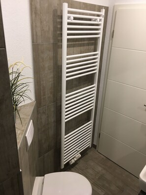 Shower, towels, soap, toilet paper