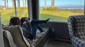 Ein Zimmer mit großem Fenster, das einen Blick auf eine grüne Fläche mit Bäumen und das Meer bietet.