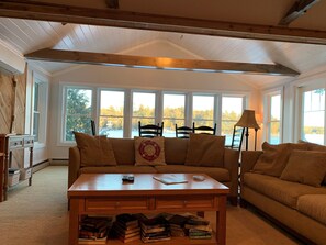 Smart TV, chimenea, reproductor de DVD y libros 