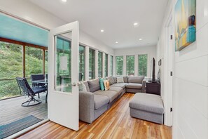 Televisio, takka, kirjoja, stereot