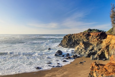 Dog-friendly ocean-view cabin with fireplace, kitchenette, deck, & beach access