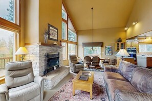 TV, fireplace, books