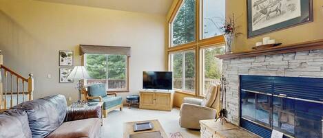 Télévision, cheminée, livres