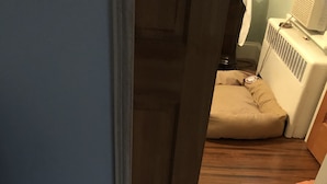 Et rum med flisegulv, en trädør, en beige sofa og en hvid radiator.