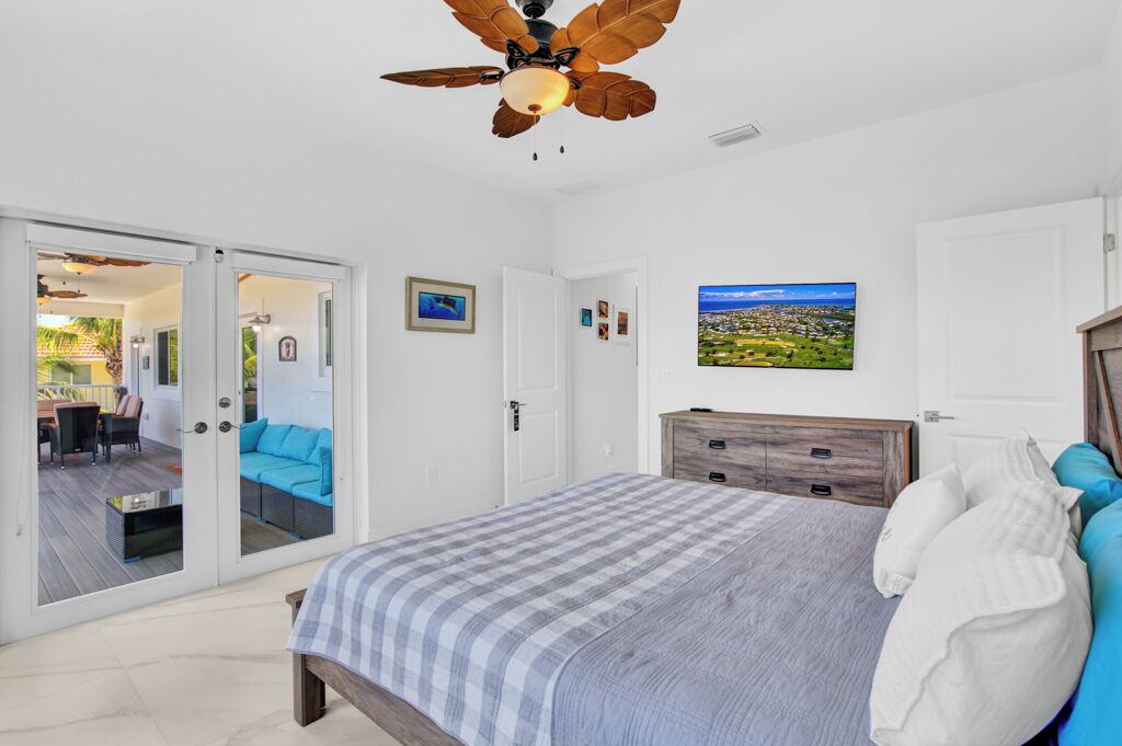 A bedroom with a bed, a ceiling fan, a view of the outdoors through a sliding door, and a painting on the wall.
