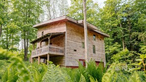 A wooden cabin surrounded by dense greenery.