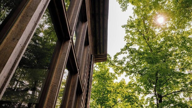 A building with large windows and a view of green trees.