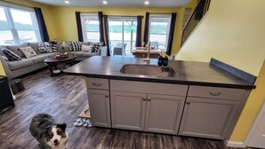 Une cuisine moderne avec un îlot central, des meubles de couleur grise et un chien au premier plan.