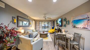 Smart TV, fireplace, books