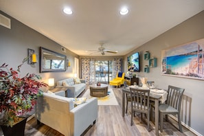 Smart TV, fireplace, books