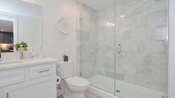 Shower, hair dryer, towels