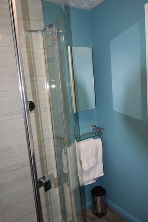 Deluxe appartement | Badkamer | Een douche, gratis toiletartikelen, een haardroger, handdoeken