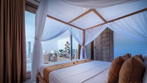 A spacious bedroom with a large bed, white curtains, and a wooden ceiling structure. - Truly a Luxury Hidden Jewel in Paradise! Private, Romantic and Breathtaking! (Tumbu)