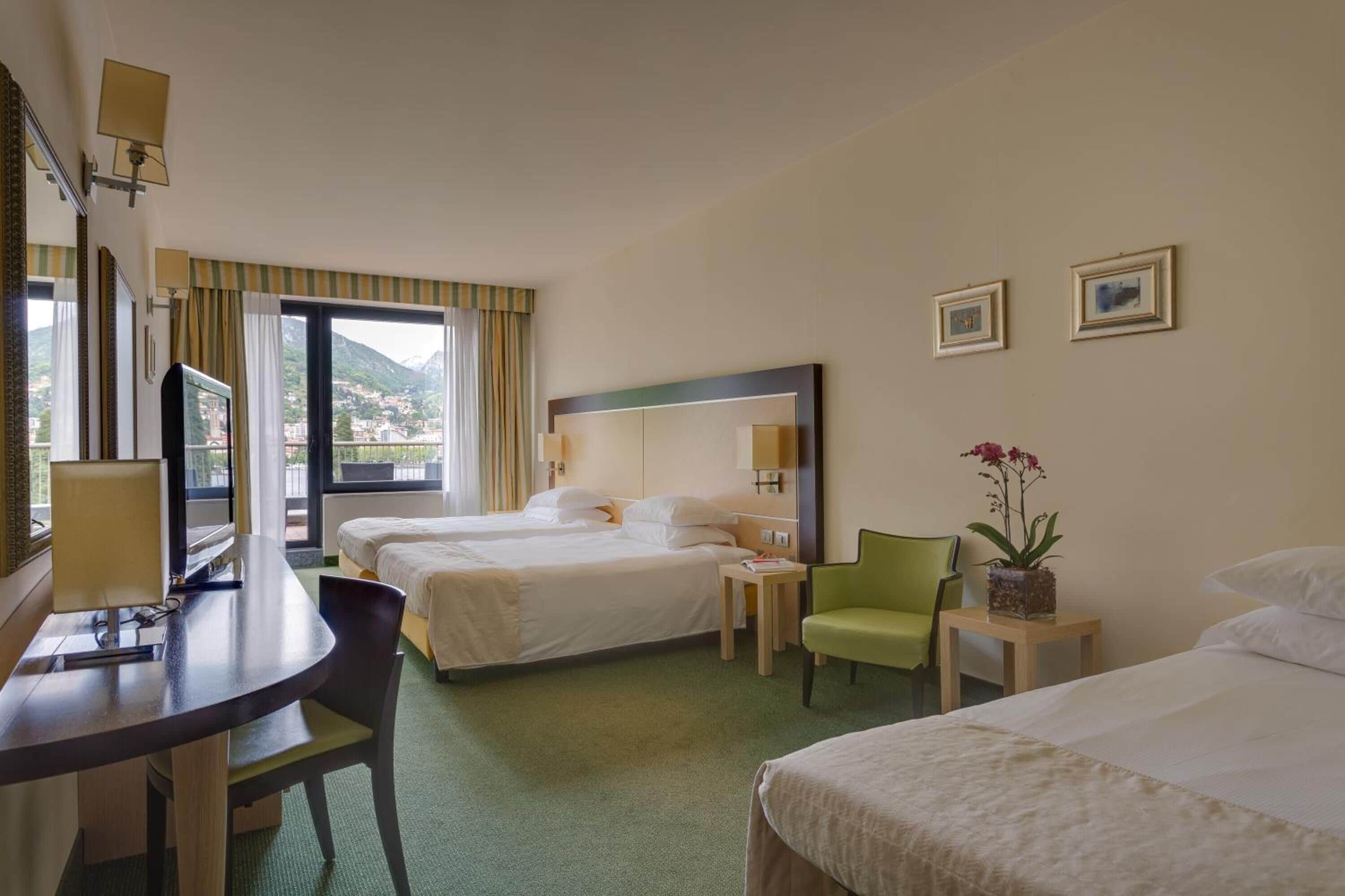 Habitación de hotel con dos camas, un escritorio, una silla, una mesita con una planta y una ventana con cortinas.