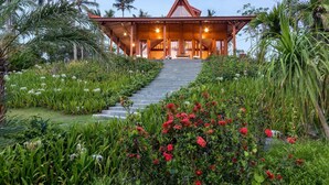 Een klassiek houten huis met schuin dak, omgeven door weelderige begroeiing en bloeiende planten.