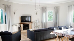 Un salon moderne comprenant un canapé, une table à manger, des chaises, une cheminée et un téléviseur.