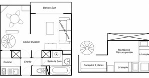Plano de planta con balcón, cocina, comedor y baño.