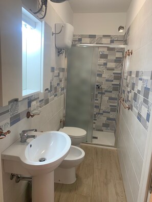 Shower, hair dryer, bidet, towels