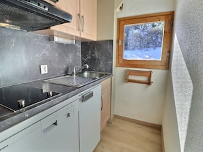 A compact kitchen with a sink, stove, and dishwasher, a window with a view of trees, and a wooden shelf. - Charming Duplex 6 Pers, Pets Allowed, Méribel (Méribel)
